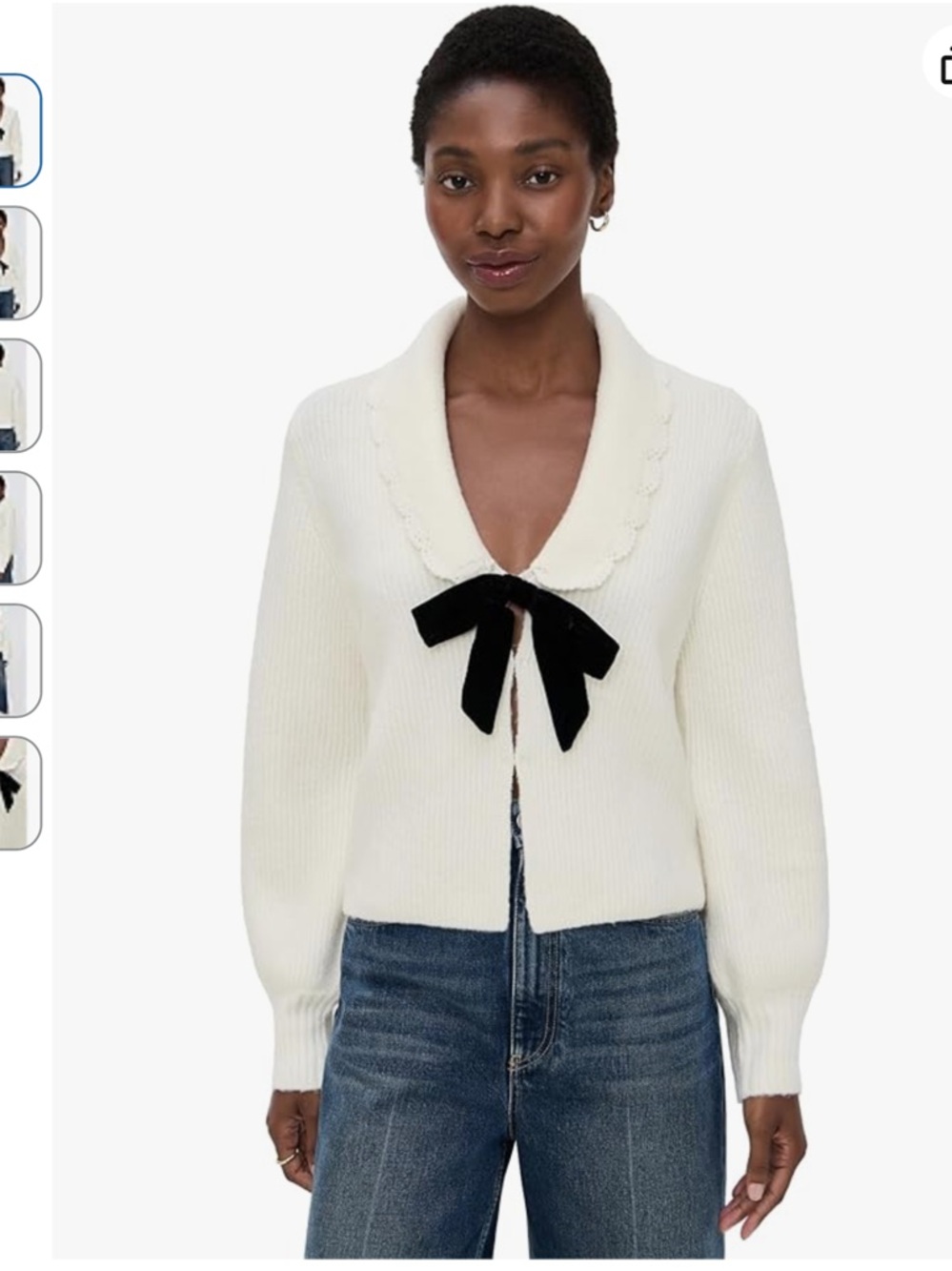 Wayf Cream Knit Cardigan with Black Velvet Bow